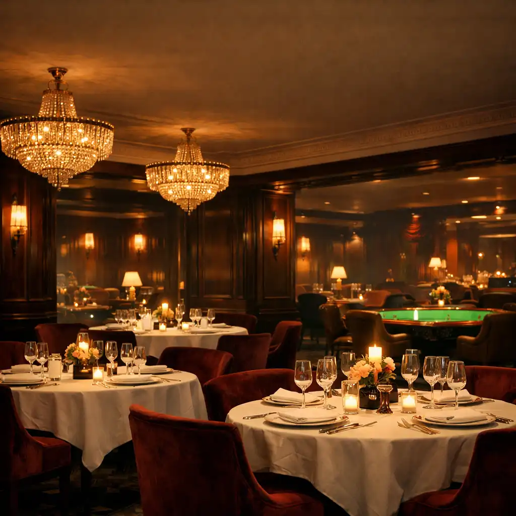 Cinematic view of the Bistro Qelin dining room with warm lighting, velvet chairs, and a hint of the casino lounge in the background