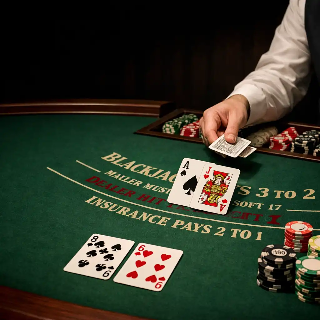 Blackjack table with a dealer's hand dealing cards, chips neatly stacked under a soft spotlight