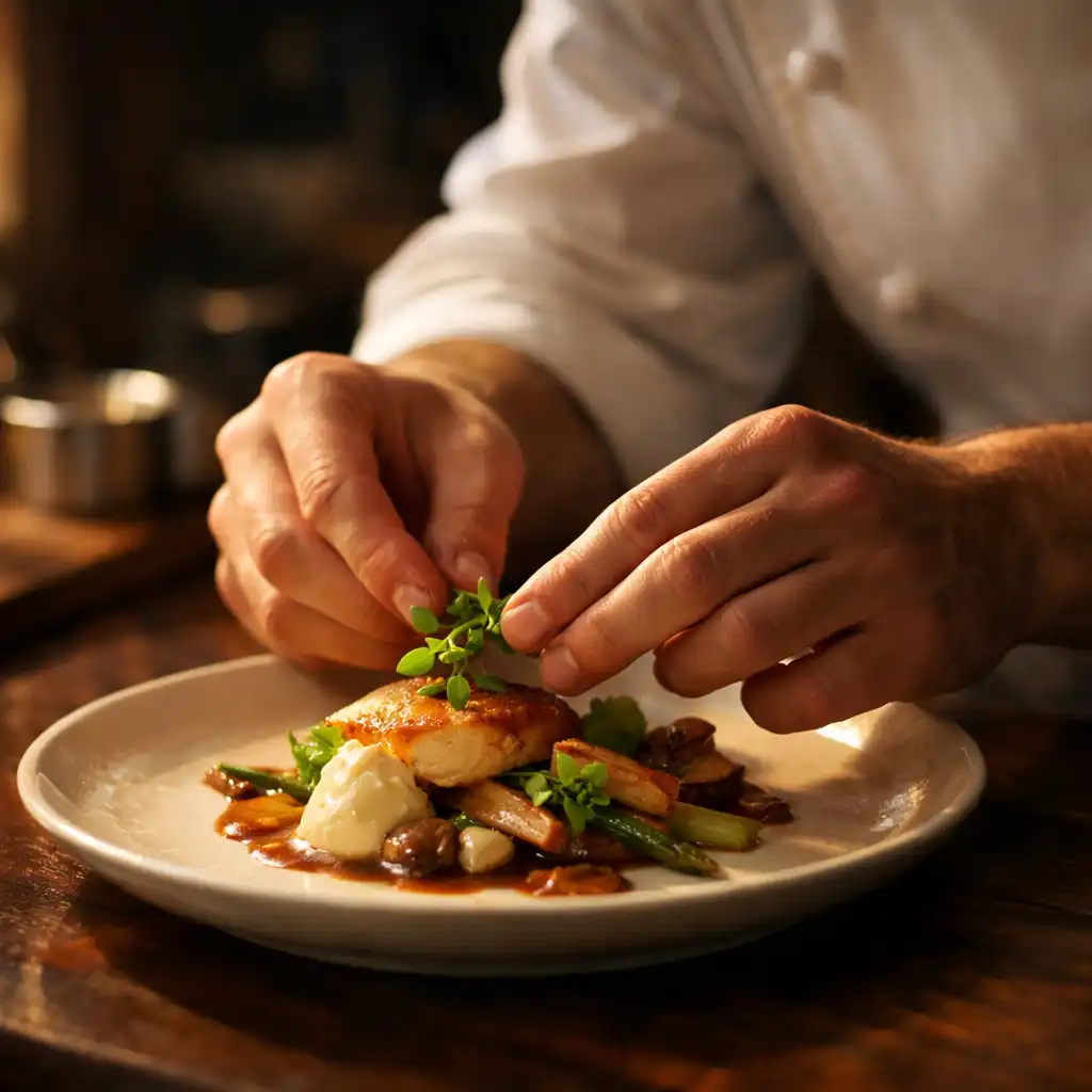 Julian Ashworth plating a refined dish in the Bistro Qelin kitchen