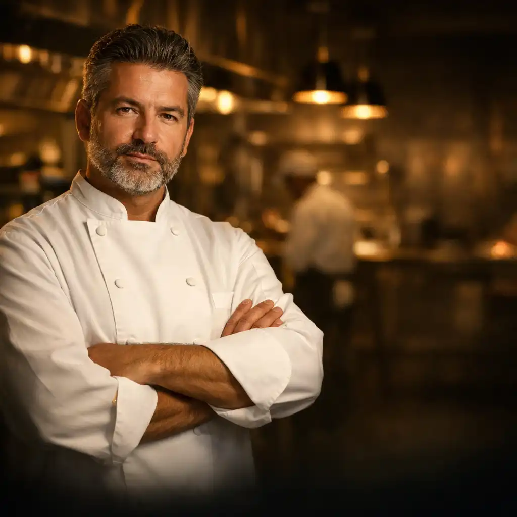 Executive Chef of Bistro Qelin standing in the restaurant kitchen