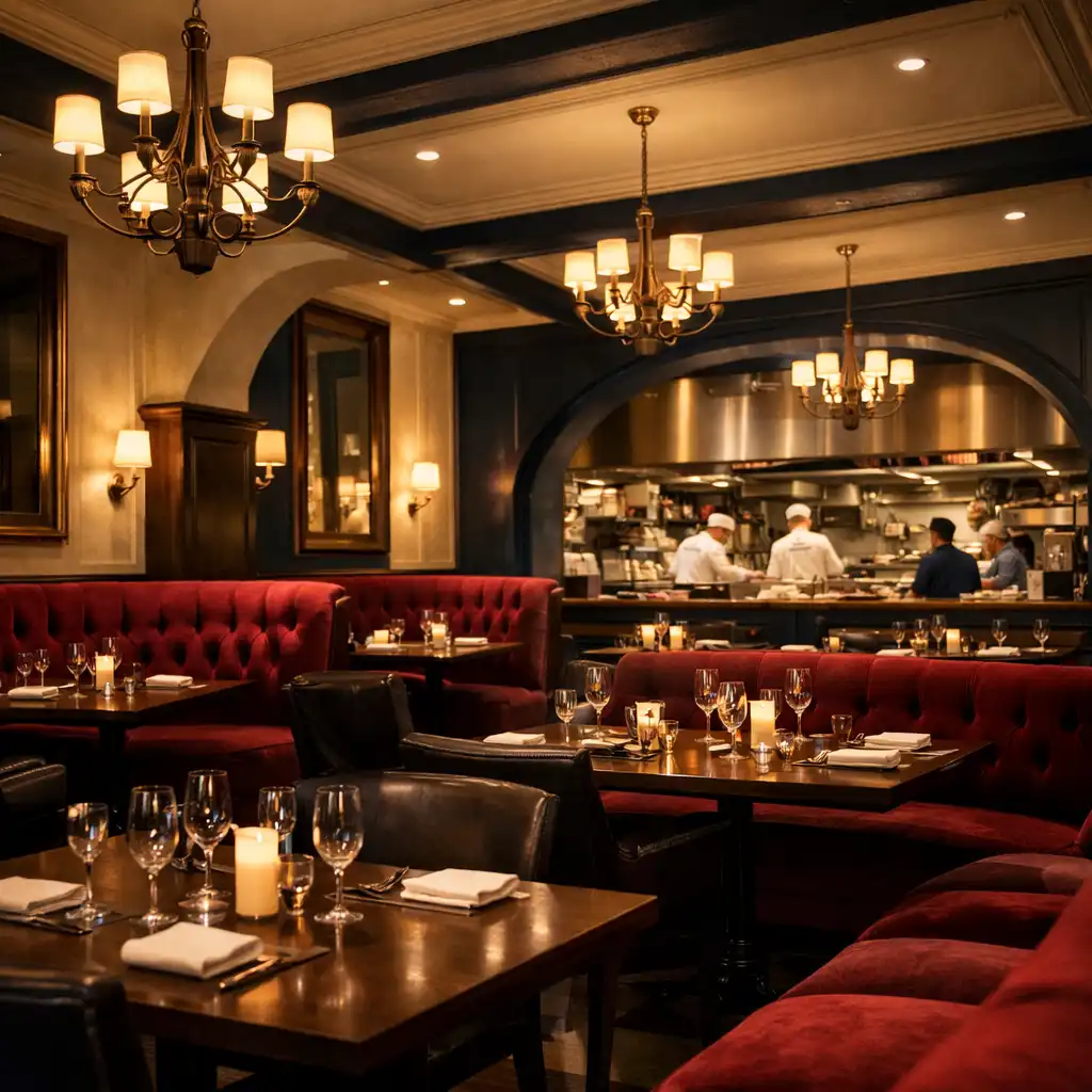 Main dining room with high ceilings, burgundy velvet banquettes, and an open kitchen in the background