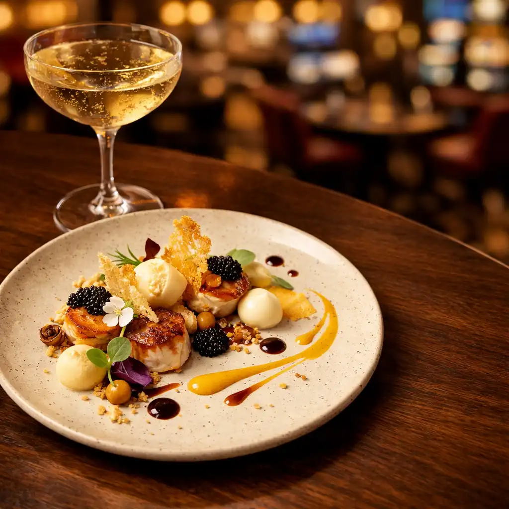 Gourmet small plate with artistic presentation beside a coupe glass of champagne on a dark walnut table