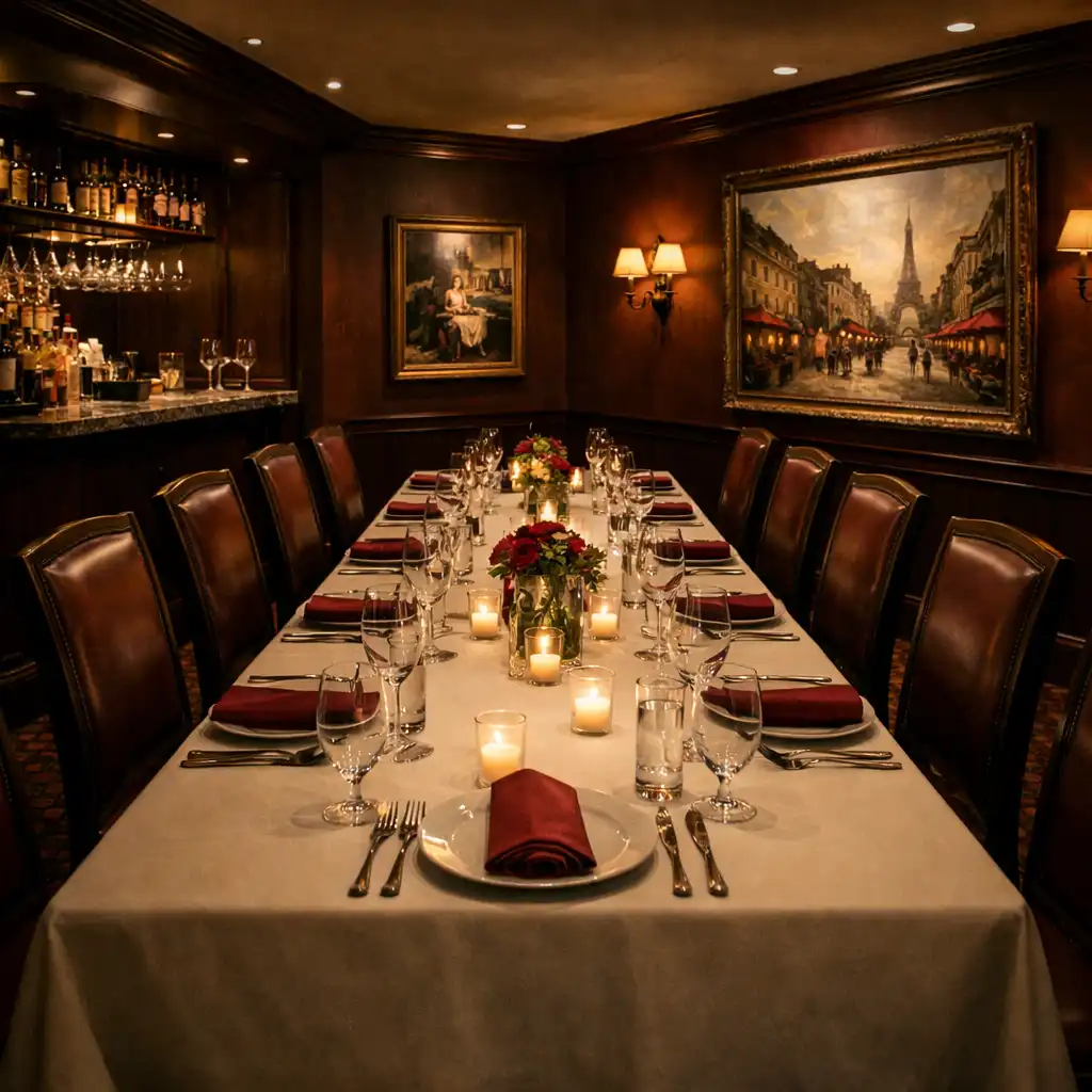 Private dining room with a long table set for a dinner party, a private bar in the corner, and elegant artwork