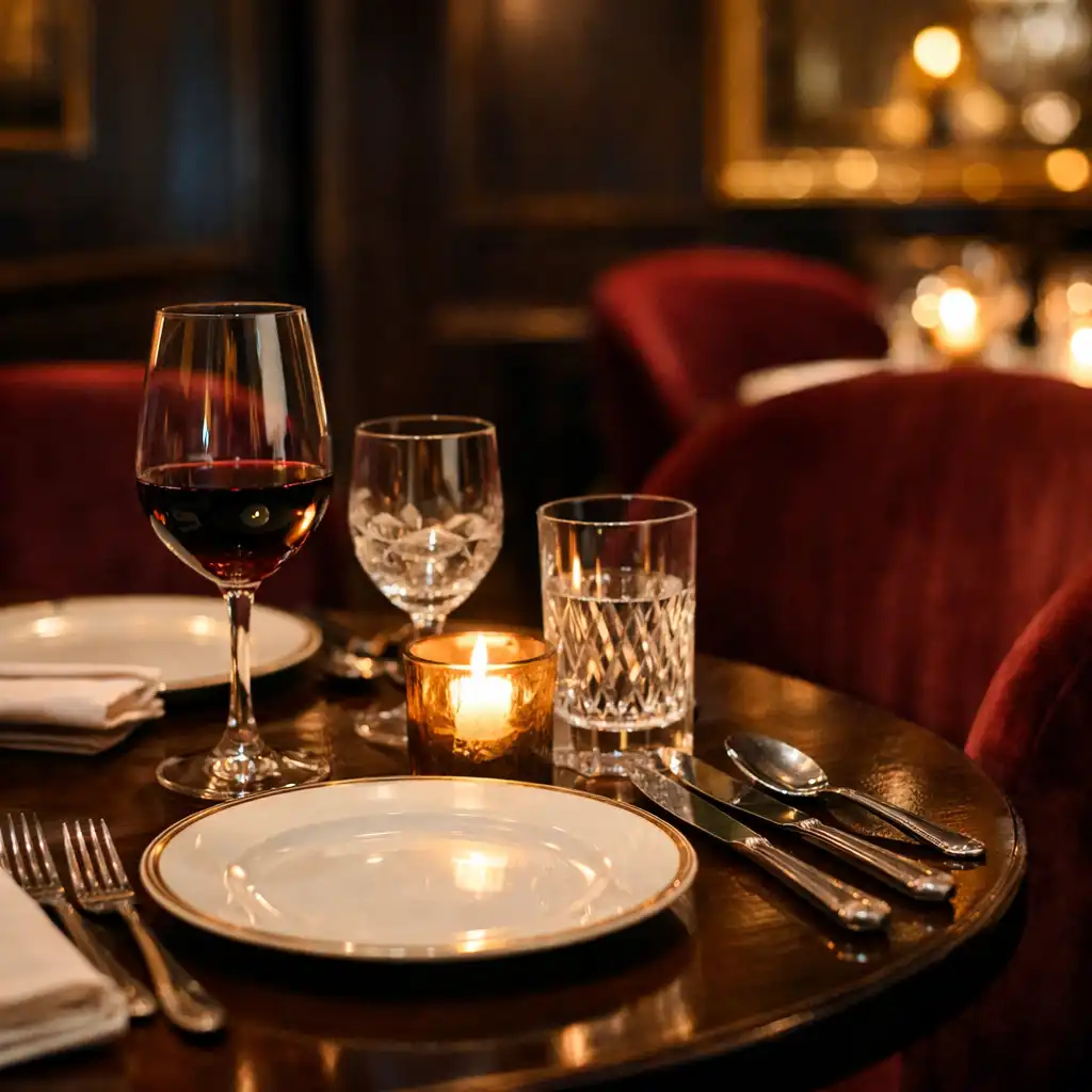 Close-up of a dining table at Bistro Qelin with fine china, crystal glasses, and a small candle, surrounded by burgundy velvet chairs