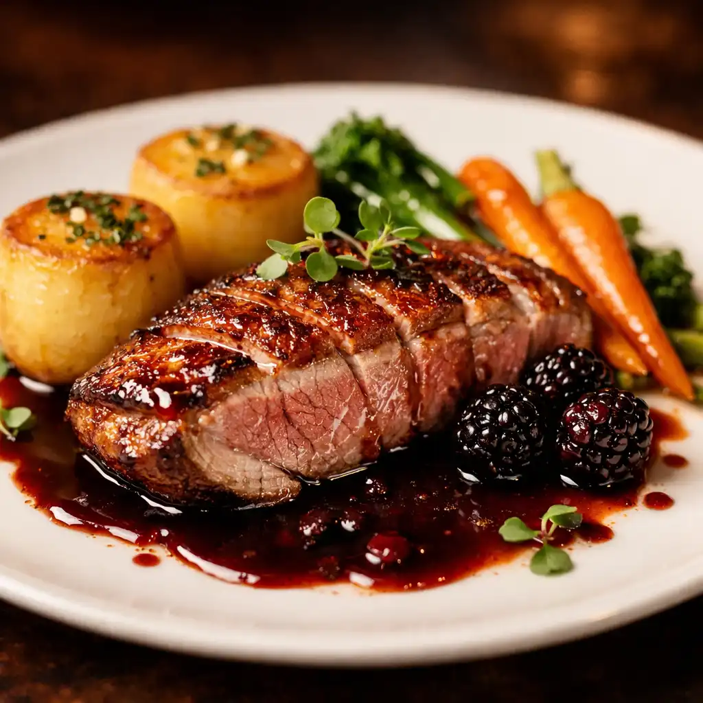 Roast Gressingham duck breast with blackberry jus, fondant potatoes, and seasonal vegetables