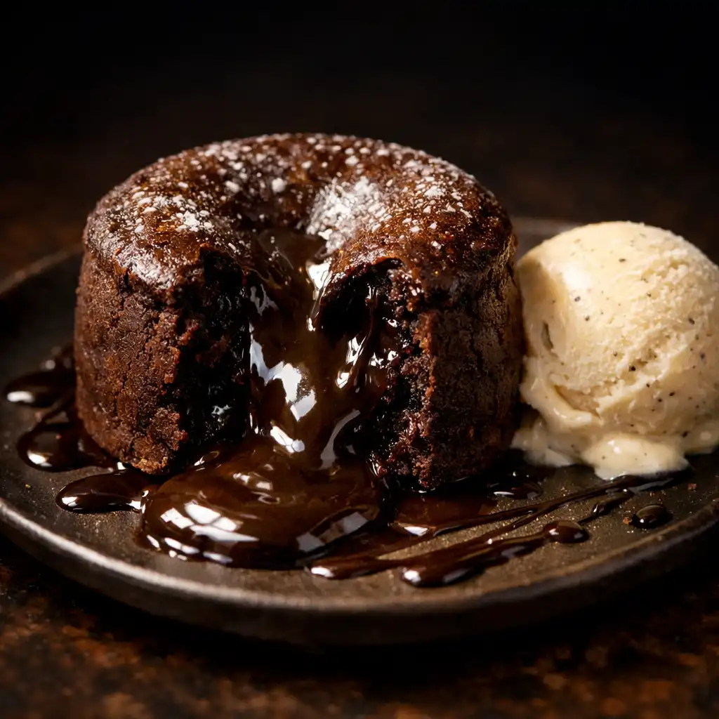 Dark chocolate fondant with molten centre and vanilla bean ice cream