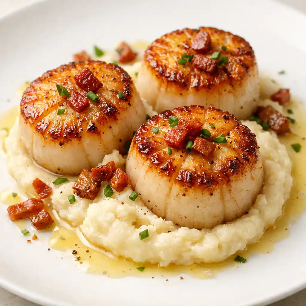 Pan-seared scallops with cauliflower purée, crispy pancetta, and citrus beurre blanc