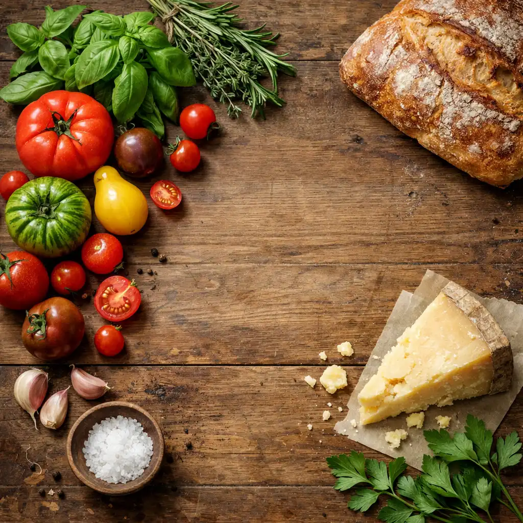 Fresh seasonal ingredients including tomatoes, herbs, cheese, and bread on a wooden table