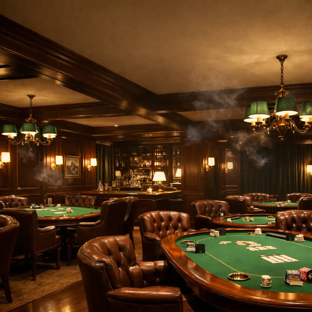 Sophisticated casino lounge with green felt poker tables and leather armchairs