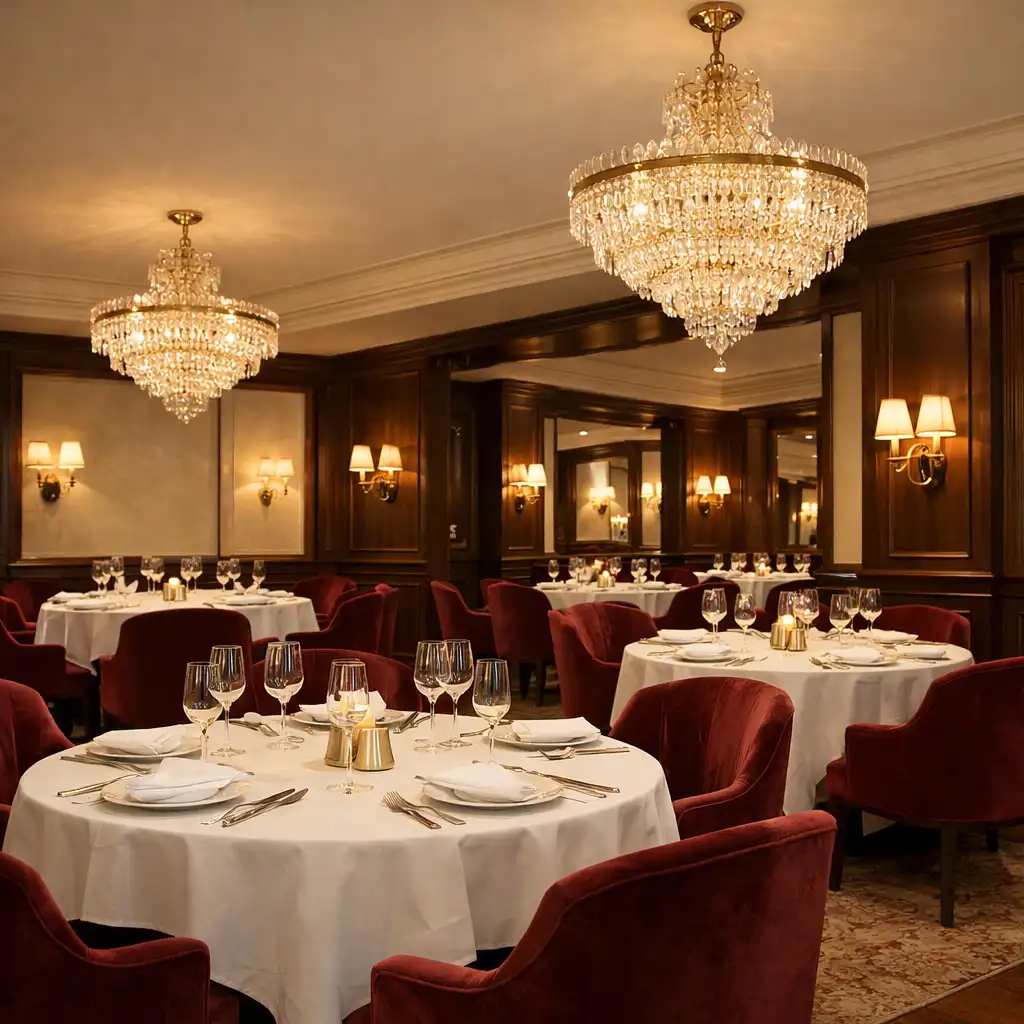 Elegant dining room with burgundy velvet chairs, white tablecloths, and crystal chandeliers
