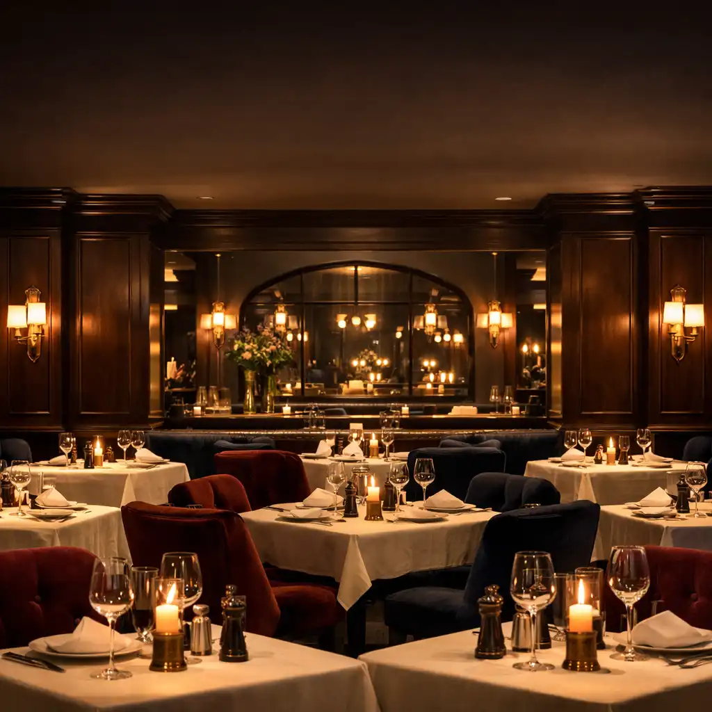 Cinematic wide view of the Bistro Qelin dining room with warm lighting, velvet chairs, and elegant table settings