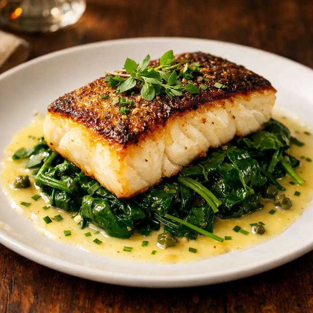 Pan-roasted halibut with crispy skin on sautéed spinach with lemon beurre blanc