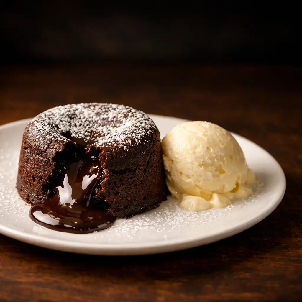 Dark chocolate fondant with salted caramel and vanilla ice cream