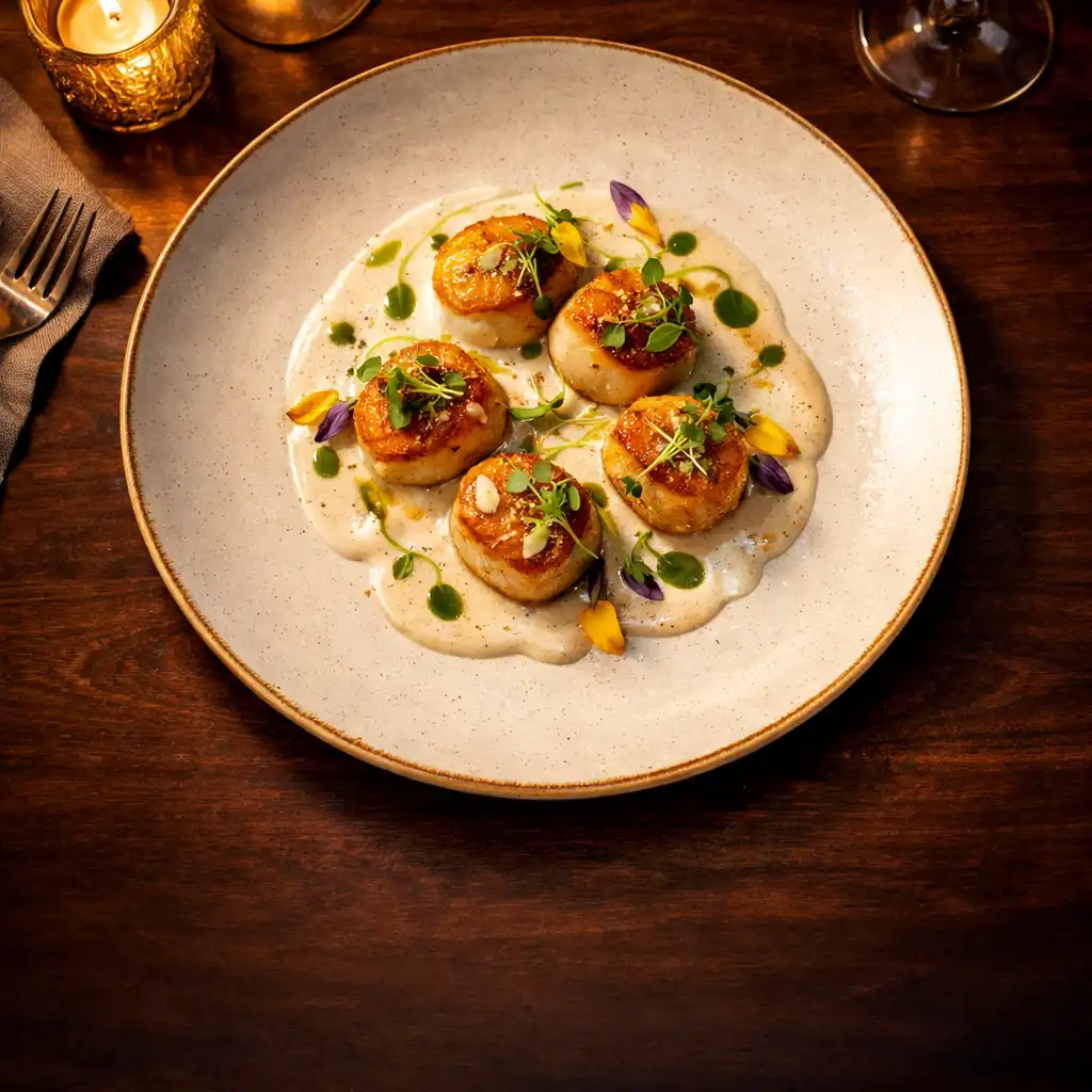 A beautifully plated gourmet dish on a dark walnut table with warm candlelight
