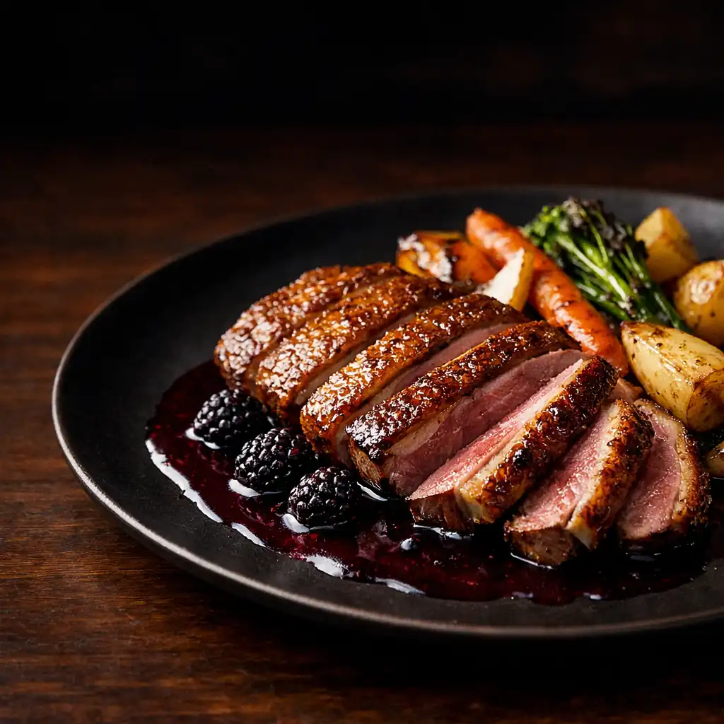 Roasted duck breast with blackberry jus and roasted vegetables