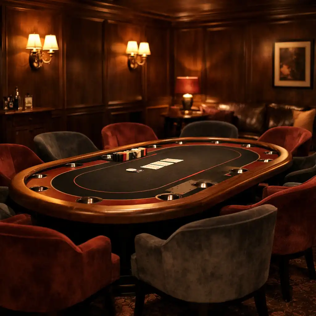 Interior of the Bistro Qelin poker lounge with a custom-made table, velvet chairs, dark walnut paneling, and warm ambient lighting