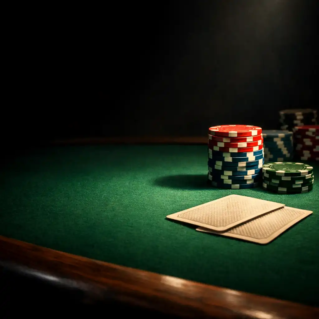 Close-up of a poker table with green felt, stacked clay chips, and playing cards under dramatic spotlight