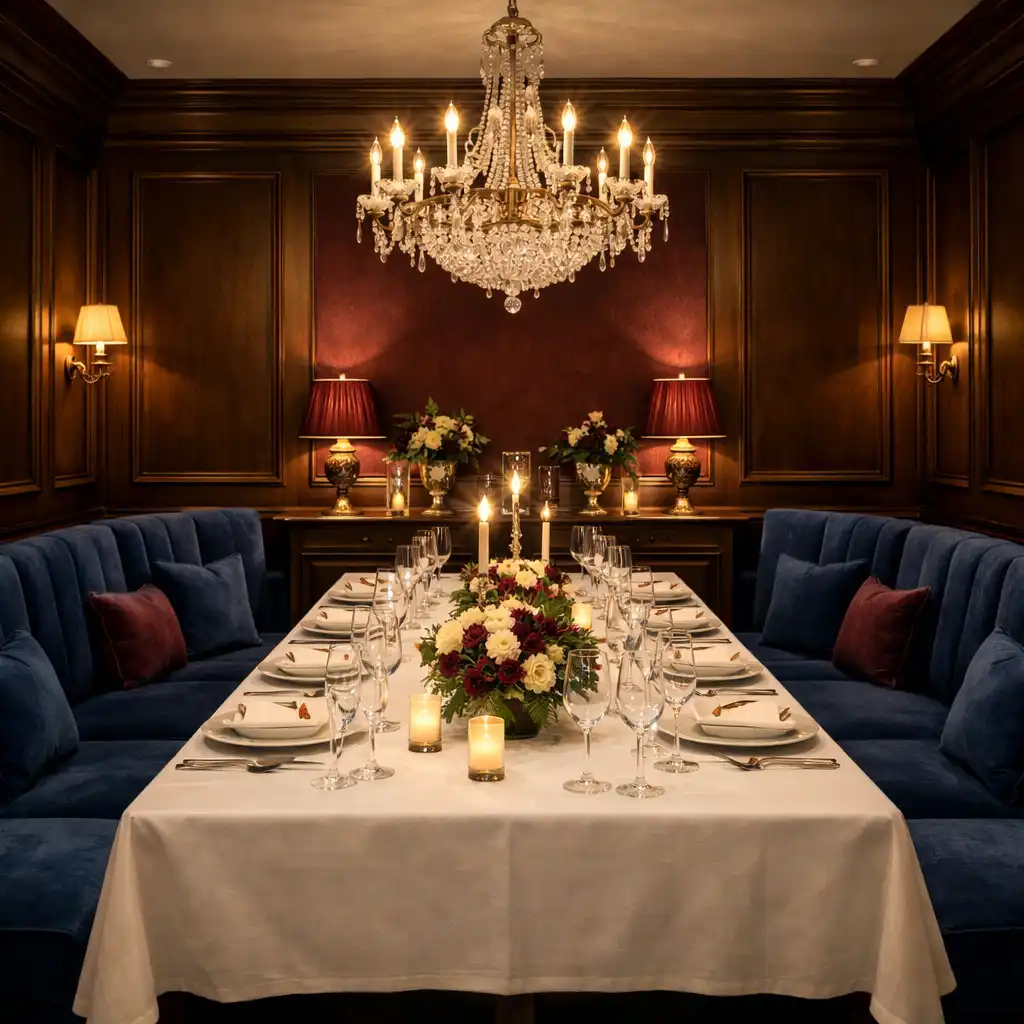 Private dining room at Bistro Qelin with a long table, elegant place settings, and velvet banquettes in deep blue