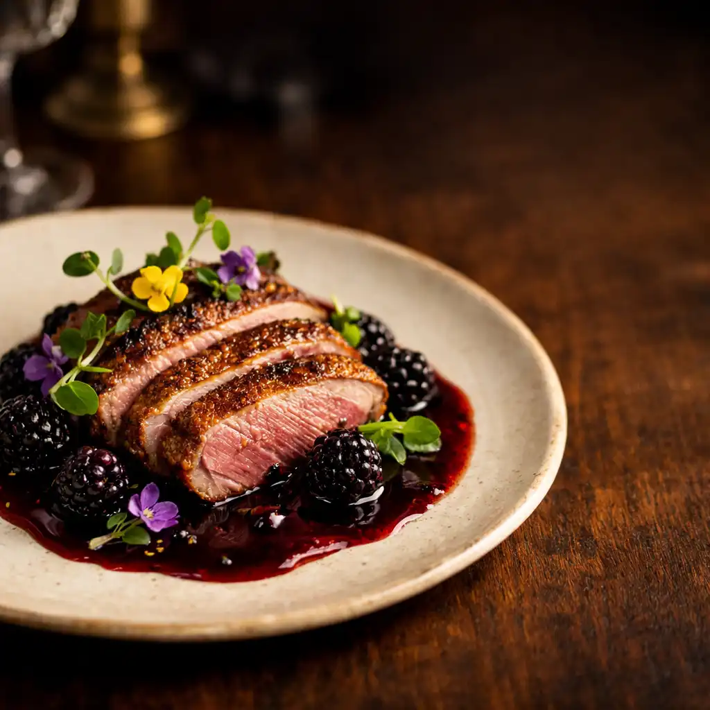 Roasted duck breast with blackberry jus plated on a dark walnut table