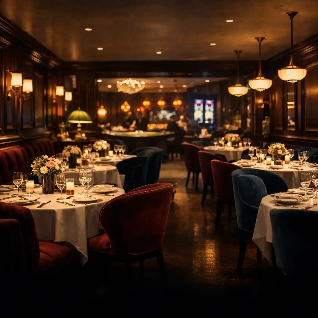 Cinematic view of the Bistro Qelin dining room with burgundy velvet seating, dark walnut panelling, and warm brass lighting