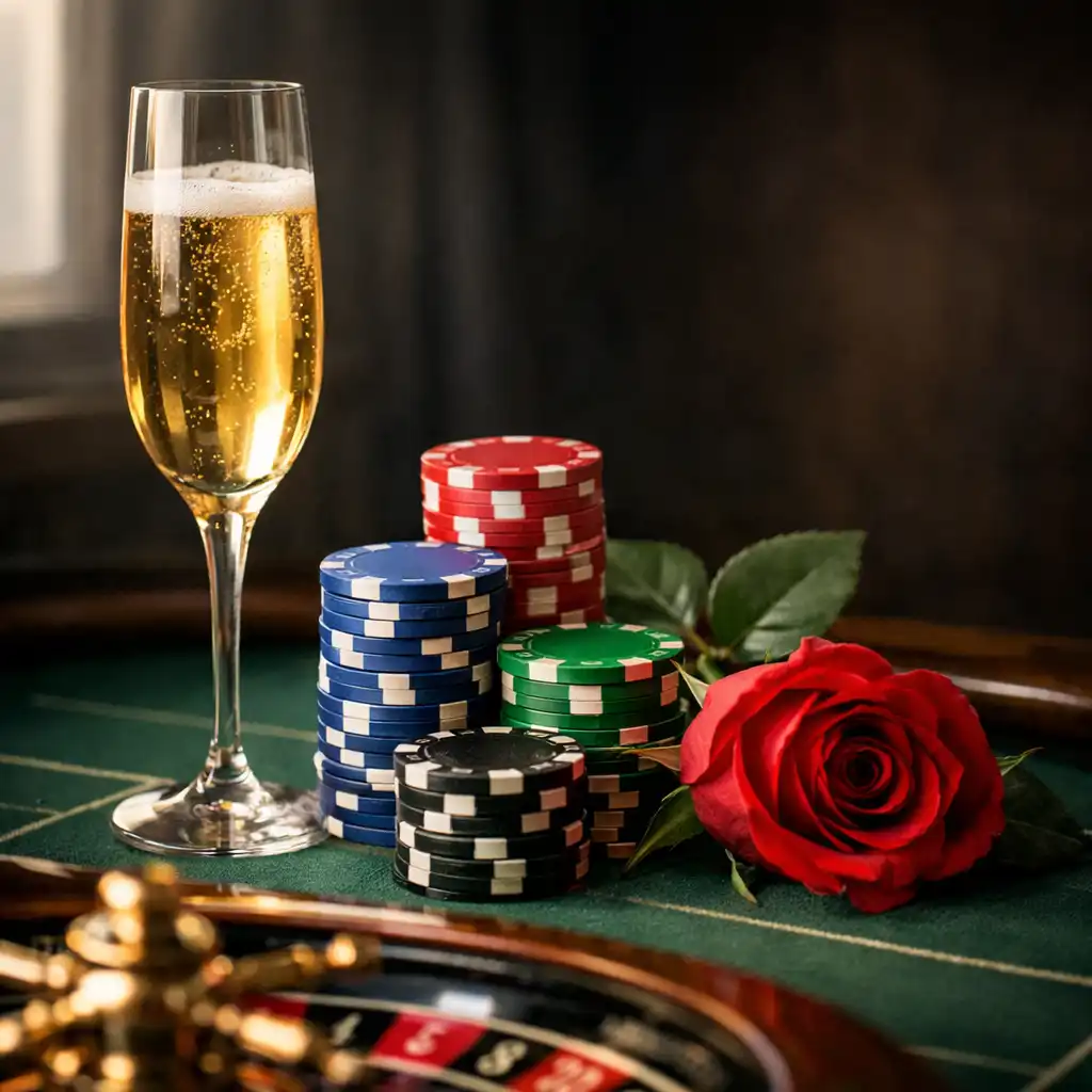Still life of champagne, coloured chips, and a red rose on a roulette table
