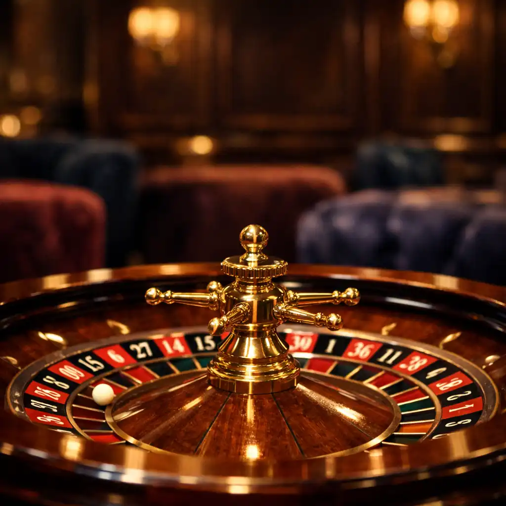 Cinematic close-up of a roulette wheel with warm golden lighting in a luxurious lounge