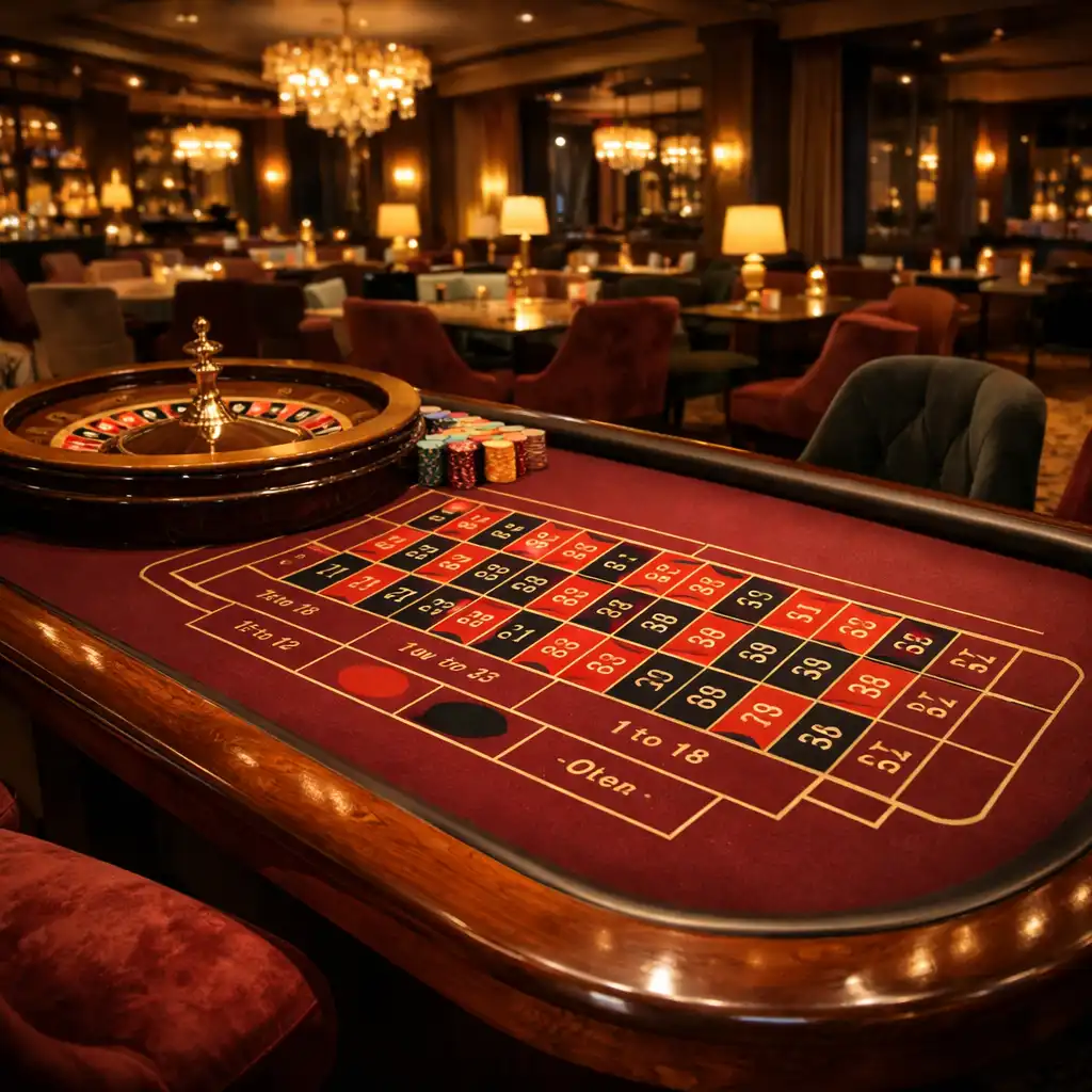 Wide-angle view of a roulette table with dark walnut frame and burgundy felt in an upscale lounge