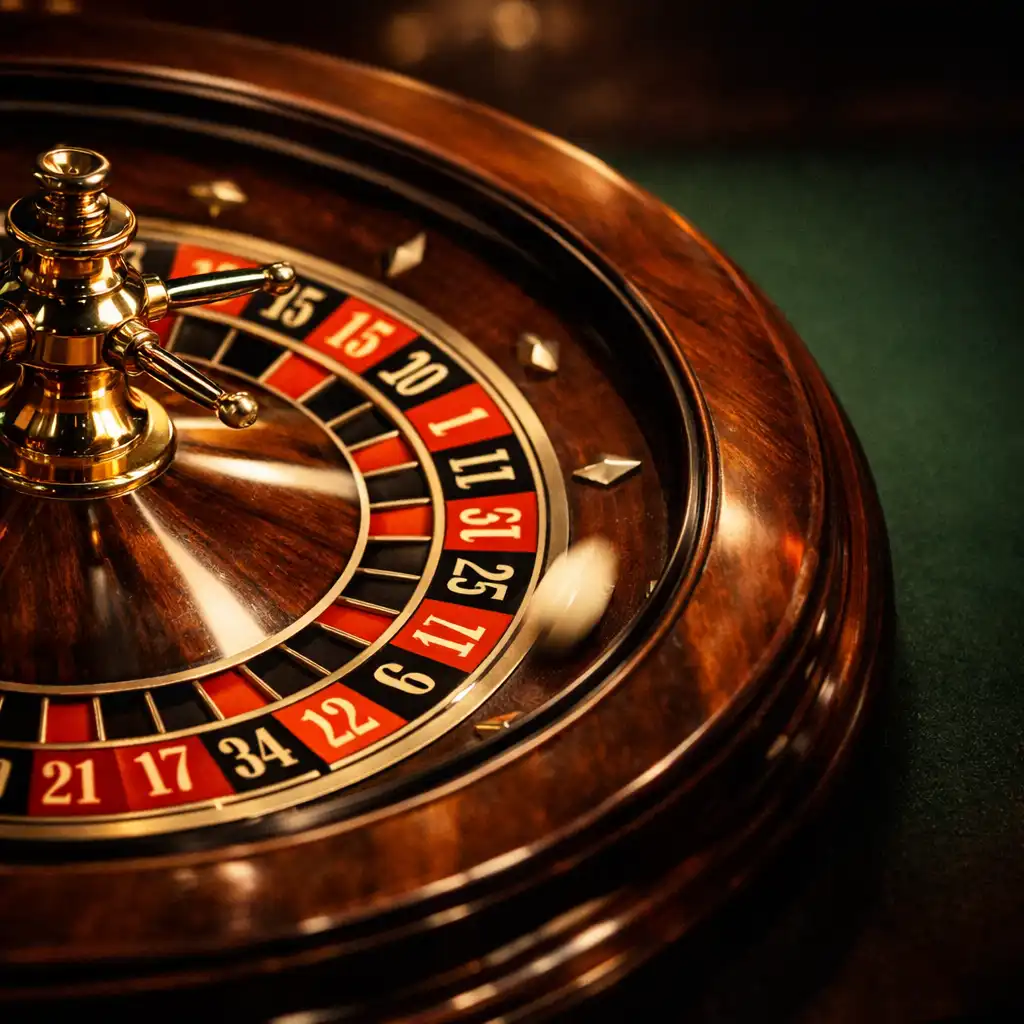 European roulette wheel in motion with the ball a blur, surrounded by dark wood and warm cinematic lighting