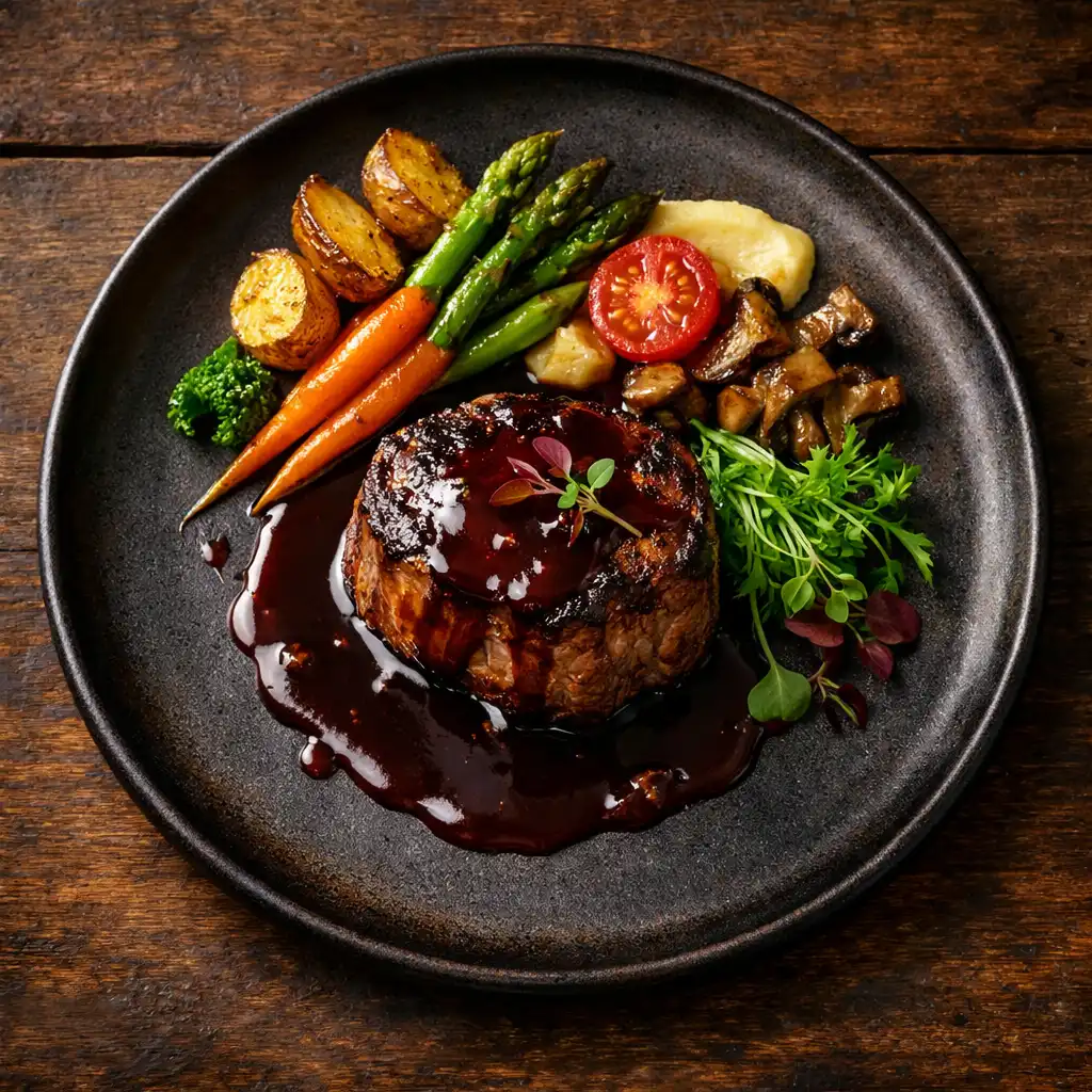 Seared aged beef with seasonal vegetables and a glossy reduction sauce