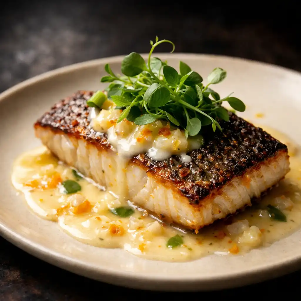 Crispy-skinned fish with citrus beurre blanc and microgreens
