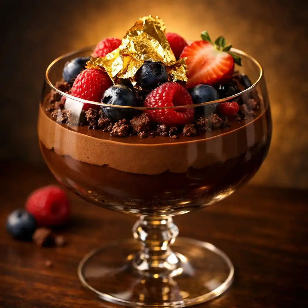 Layered chocolate mousse dessert with fresh berries and gold leaf