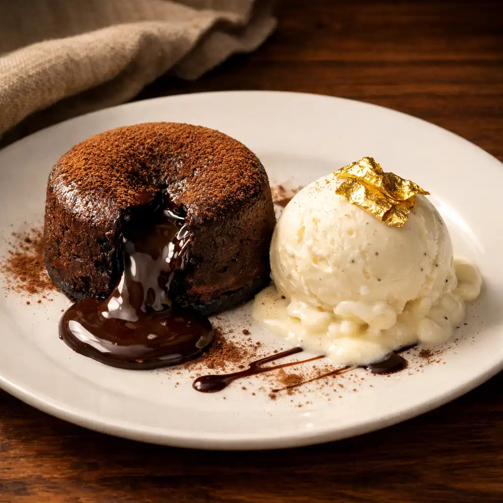 Dark chocolate fondant with molten center, vanilla bean ice cream, and gold leaf