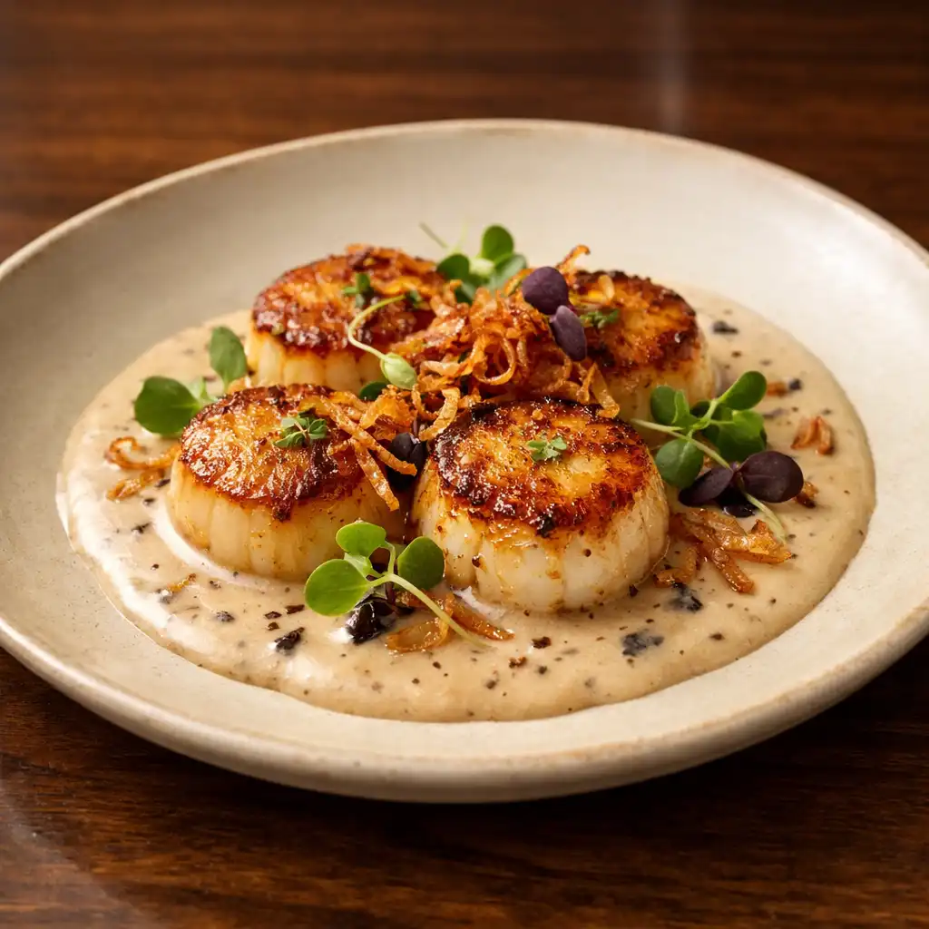 Roasted scallops with truffle velouté, garnished with micro herbs and crispy shallots