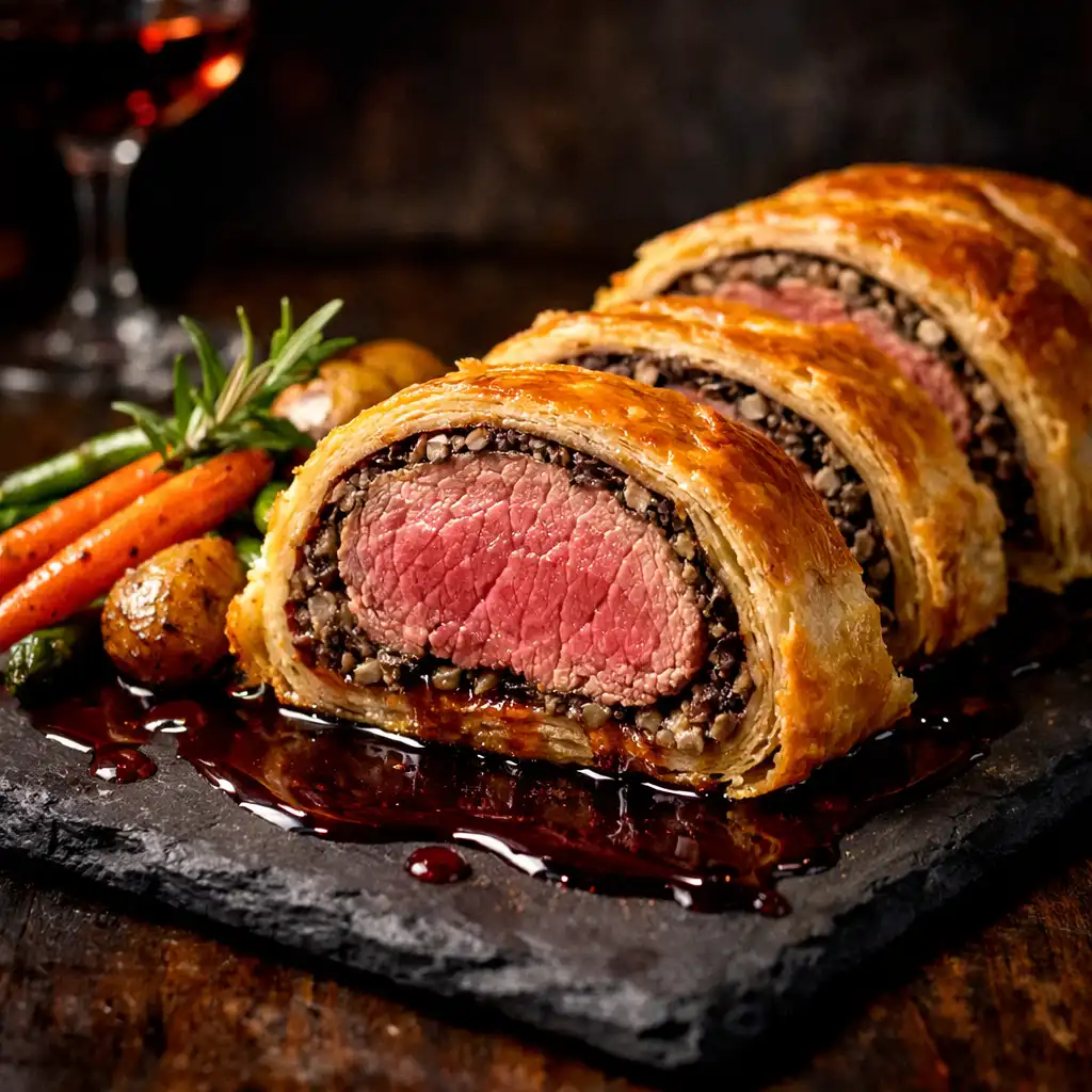Sliced Beef Wellington with pink center, golden pastry, and red wine jus